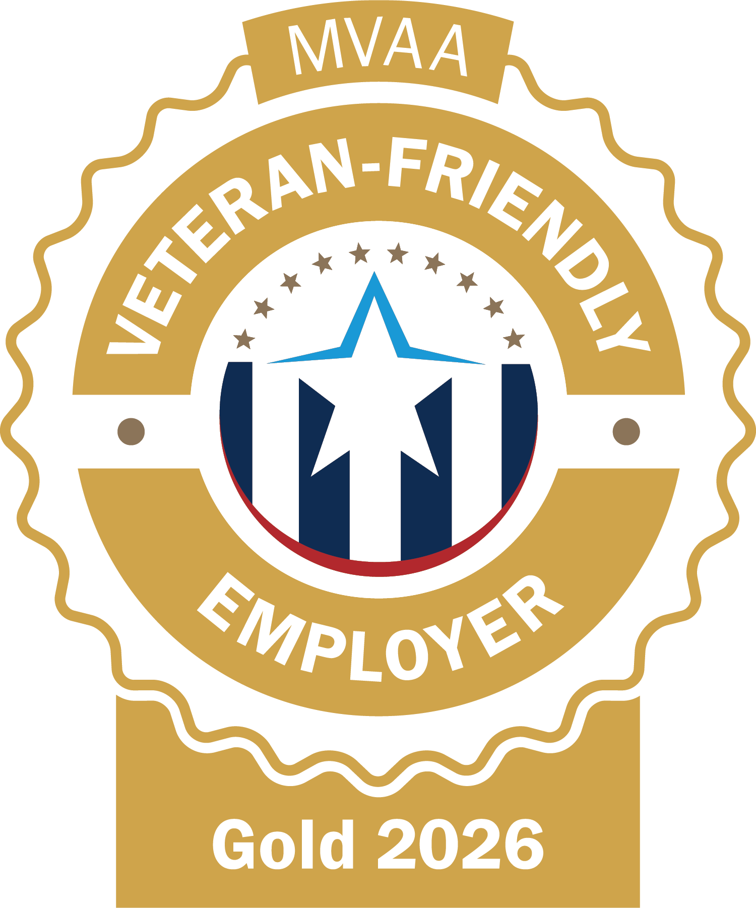 Gold circle badge logo with rising star in front of stripes in the middle with text Michigan Veteran’s Affairs Agency 2026 Veteran Friendly Employer.